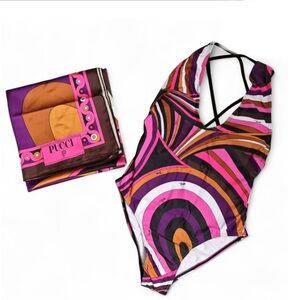 Pucci Pink and Orange Patterned Swimsuit With Scarf